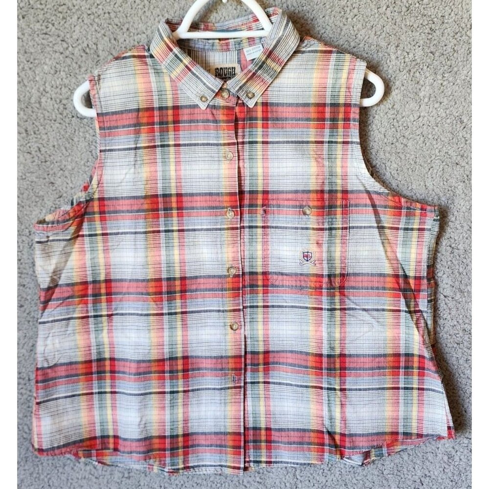 Panhandle Slim Rough Stock Women's Sleeveless‎ Button Up Top Plaid Western Sz XL